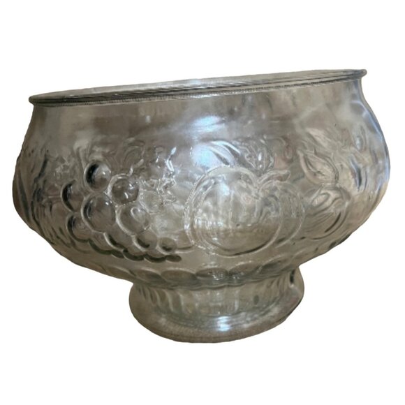Glass Fruit Bowl Fruit Etching 10" Diameter Clear Molded Grapes Apples Pears Pea - Picture 9 of 9